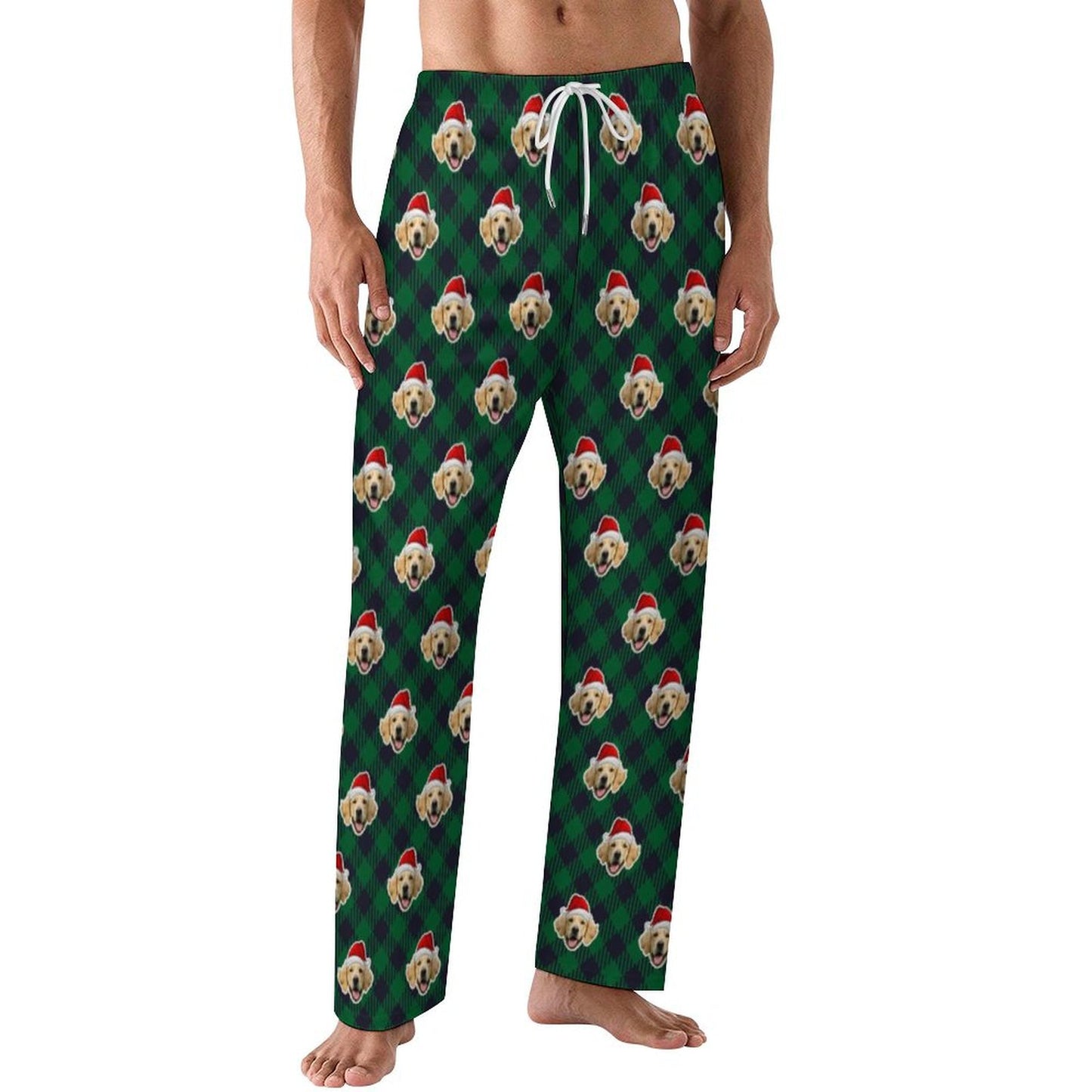 Custom Pet Face Plaid Christmas Pajama Pants-Green Men-WEPRINTME