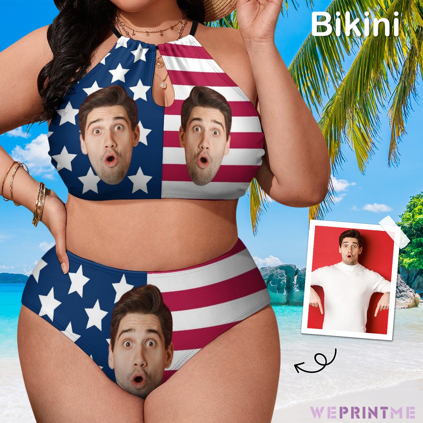 Custom Face Flag Plus Size Halter Tankini-WEPRINTME-1