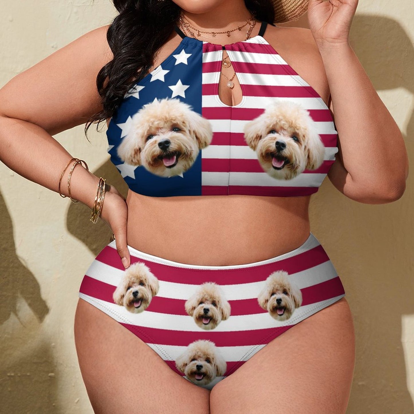 Custom Face Flag Plus Size Halter Tankini-WEPRINTME-10