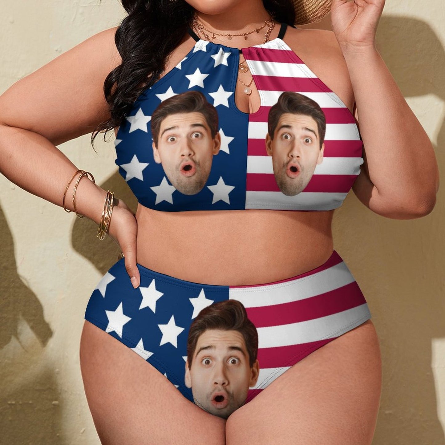 Custom Face Flag Plus Size Halter Tankini-WEPRINTME-4