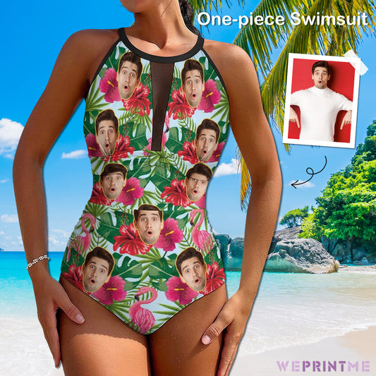Custom Face Flamingo Women's Hollow One-Piece Swimsuit-WEPRINTME-1