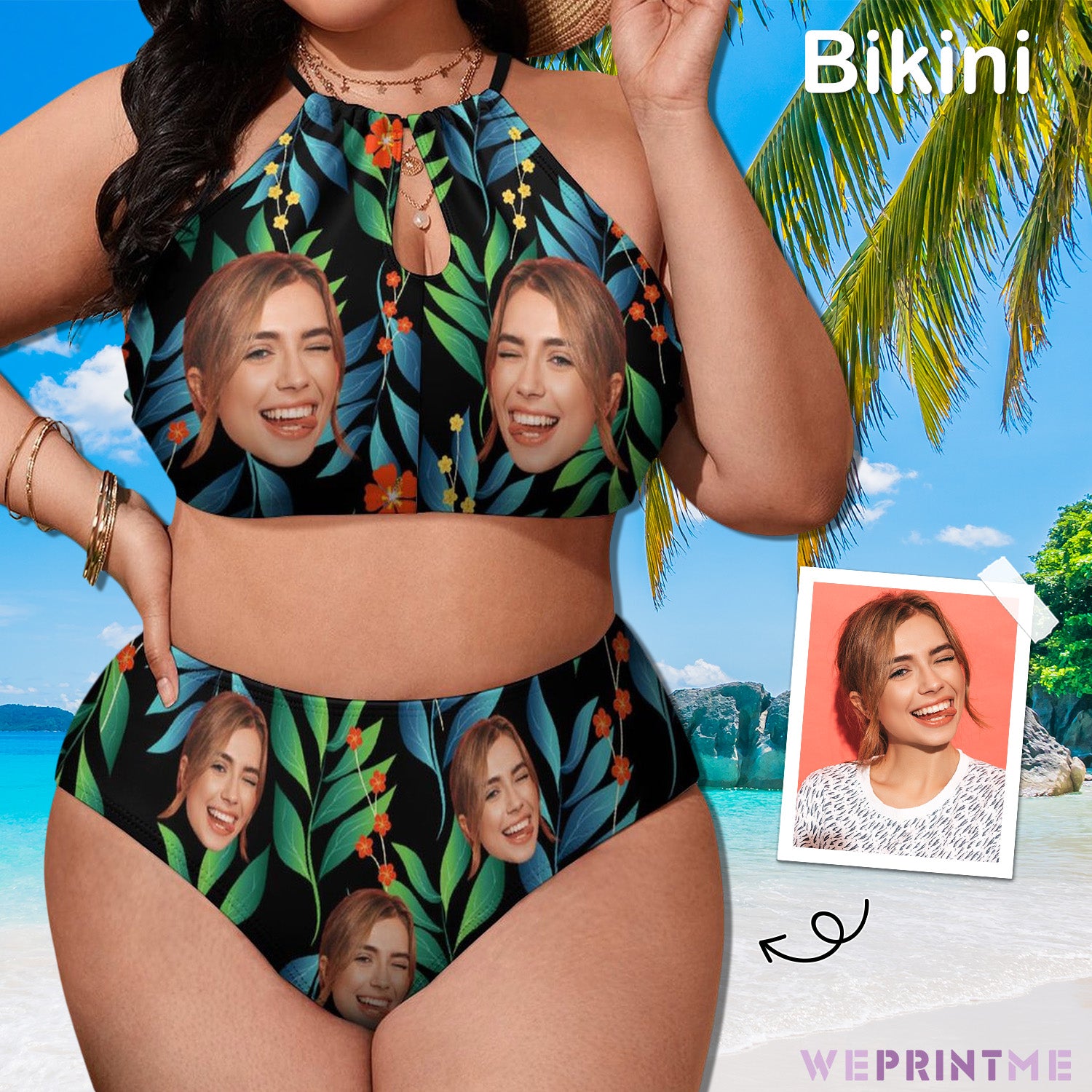 Custom Face Hawaiian Plus Size Halter Tankini-WEPRINTME-1