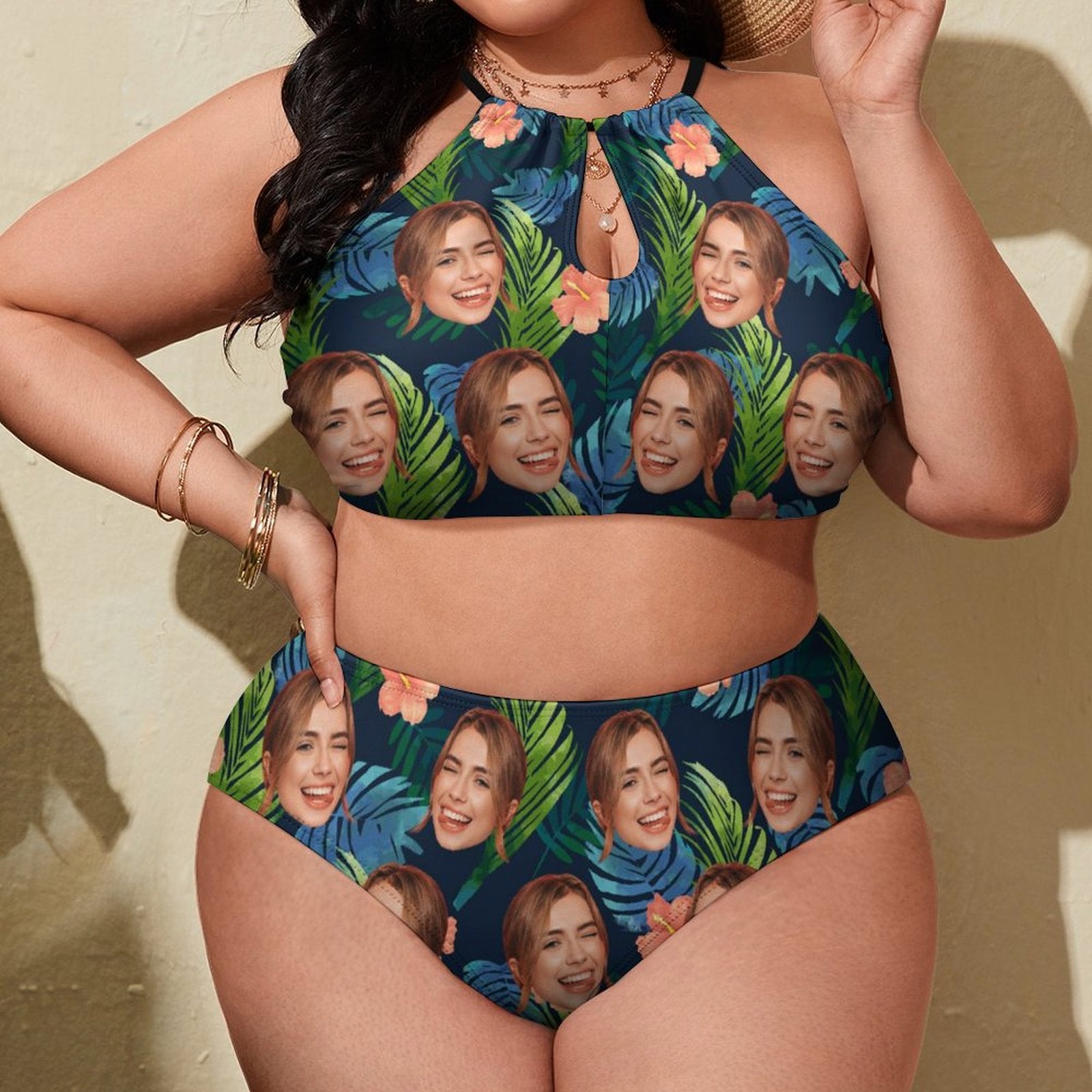 Custom Face Hawaiian Plus Size Halter Tankini-WEPRINTME-6