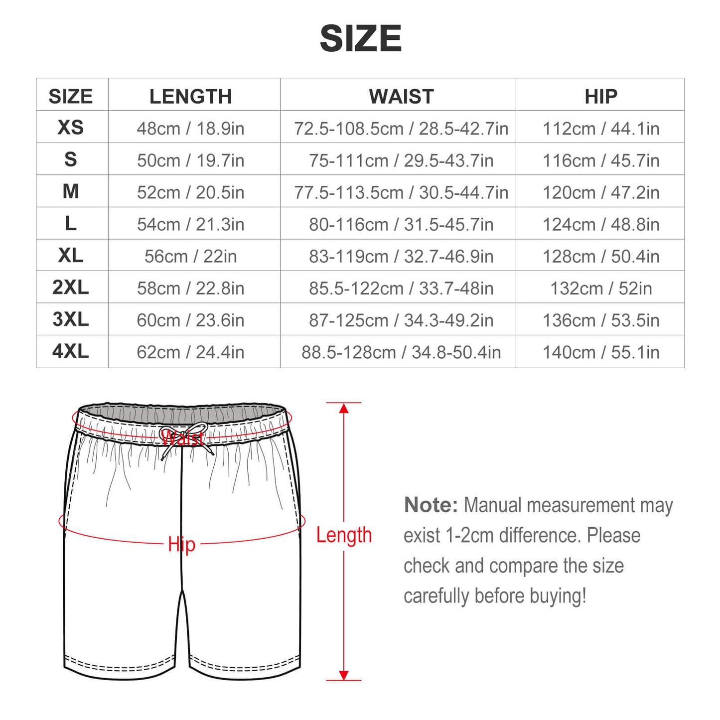Custom Face Men's Short Sweatpants-WEPRINTME-Size Chart