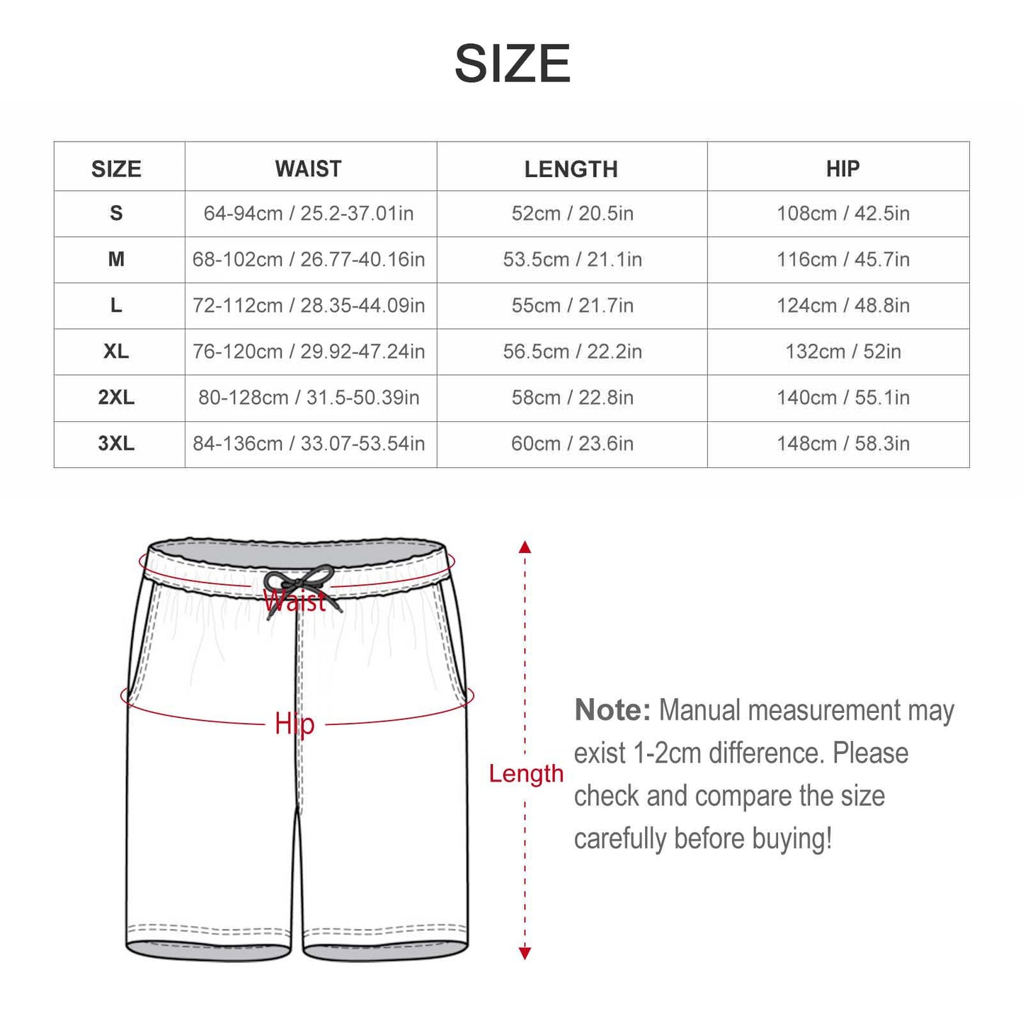 Custom Face Men's Shorts Shorts-WEPRINTME-Size Chart