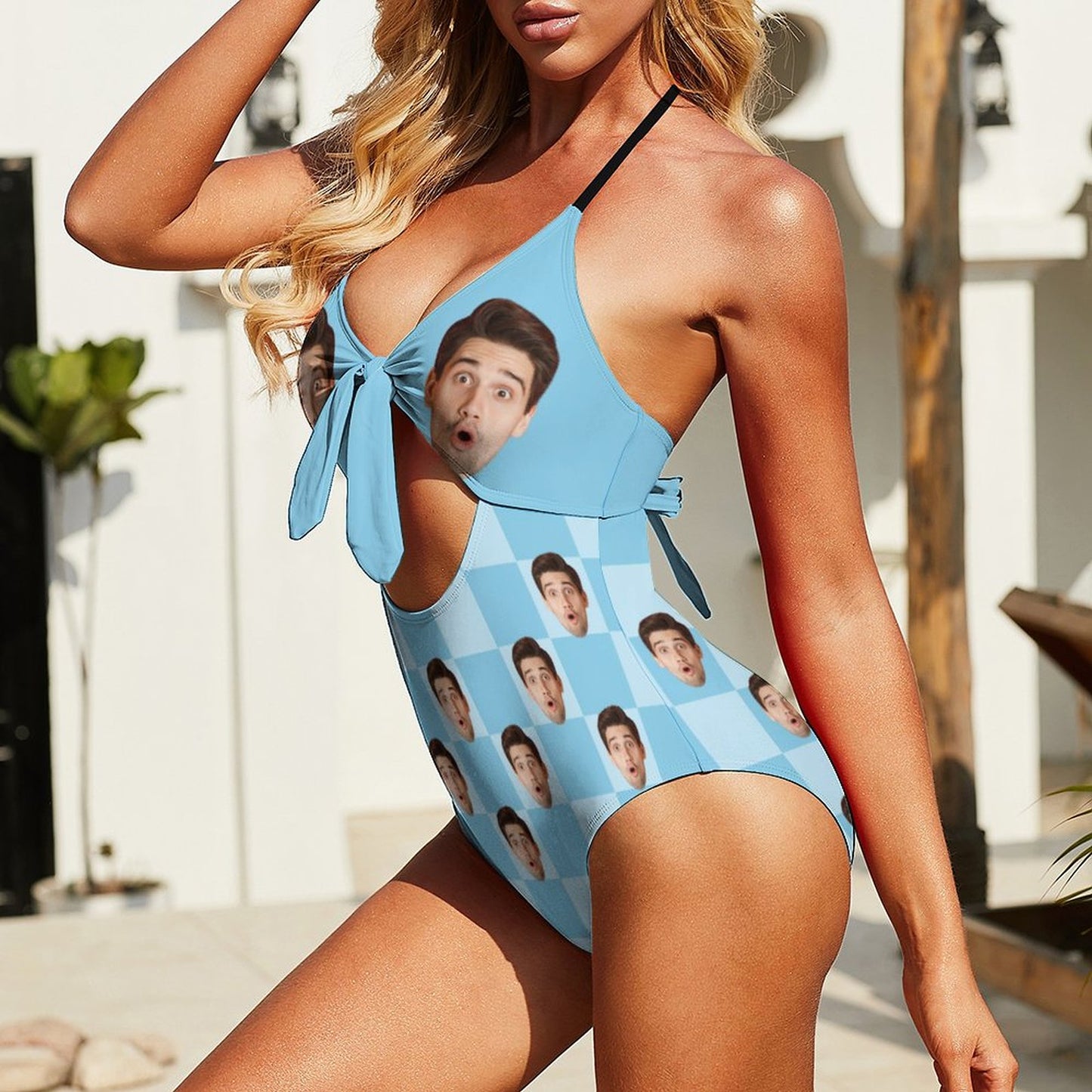 Custom Face Plaid Halter One-Piece Swimsuit-WEPRINTME-4