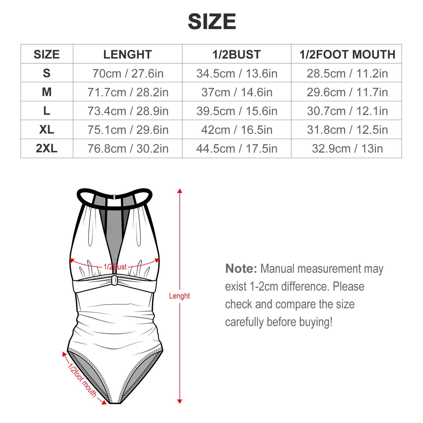Custom FacesHollow One-Piece Swimsuit-WEPRINTME-Size Chart
