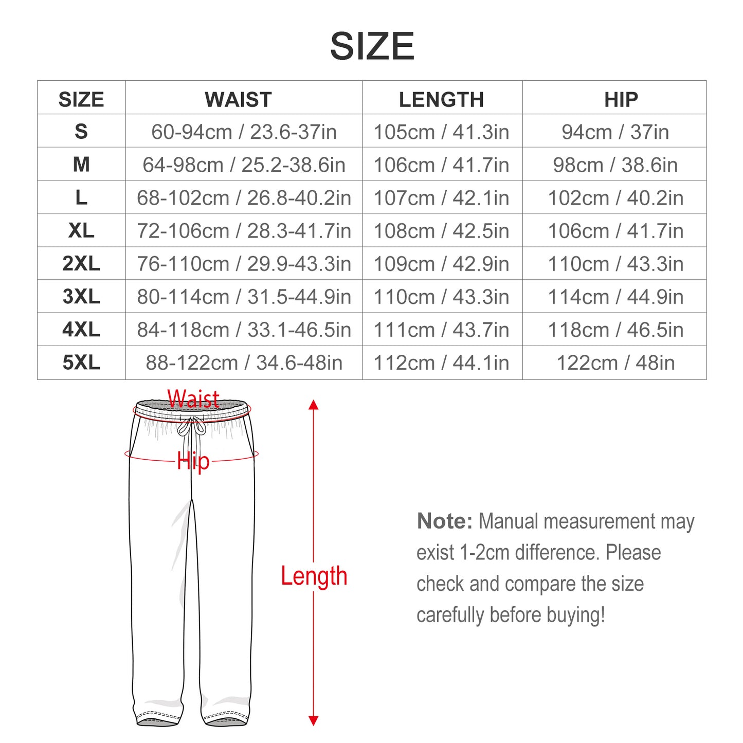 Pants Size Chart WEPRINTME