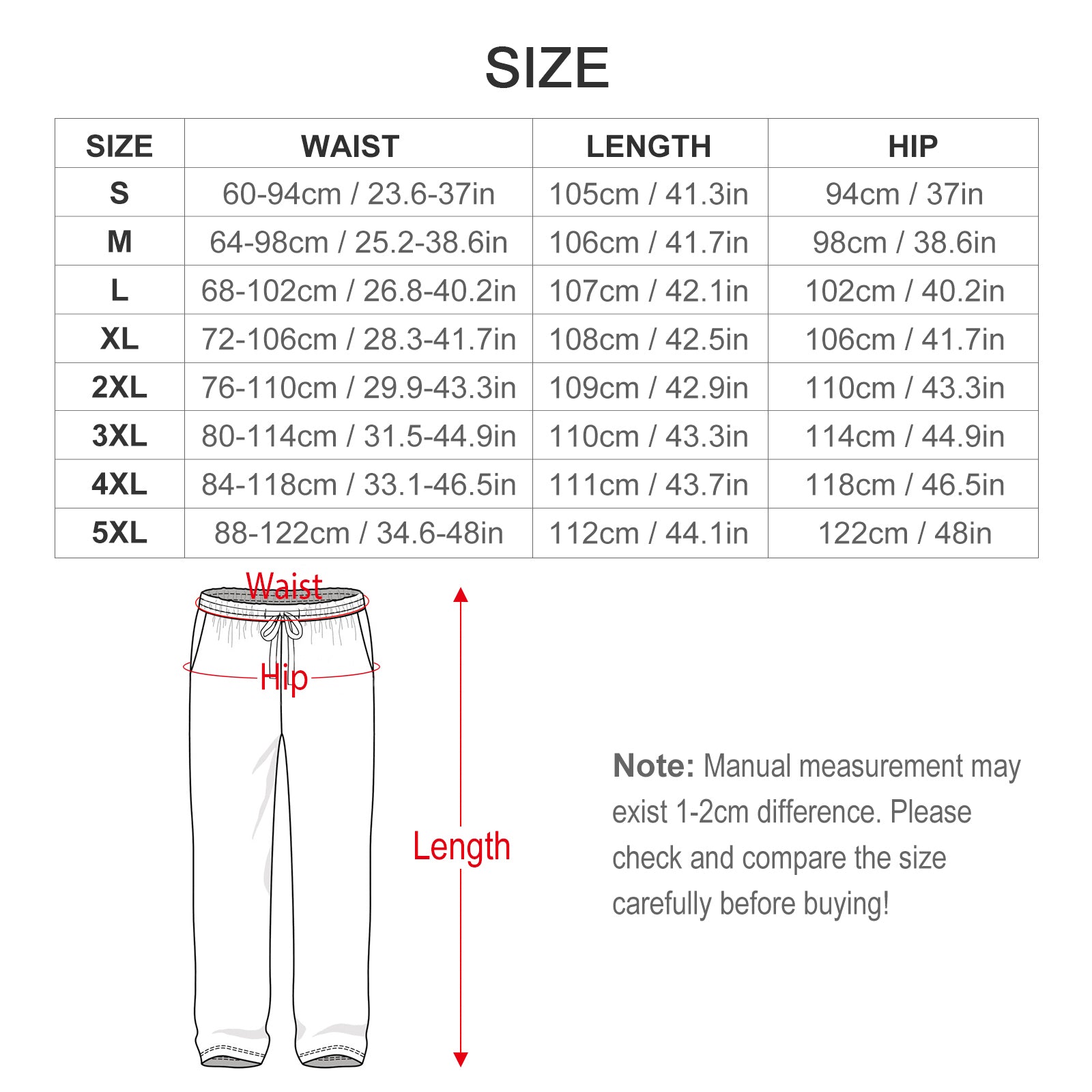 Pants Size Chart WEPRINTME
