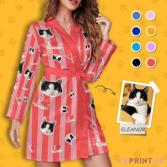 WEPRINTMEWomen RobeCustom Pet Face and Name Stripe Women's Long Sleeve Robe