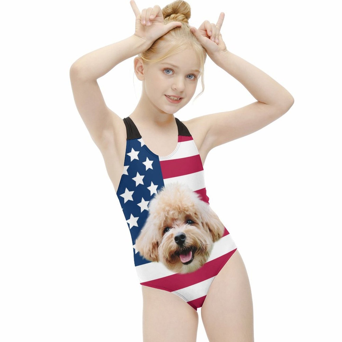 Custom Pet Face Flag Kids Swimwear