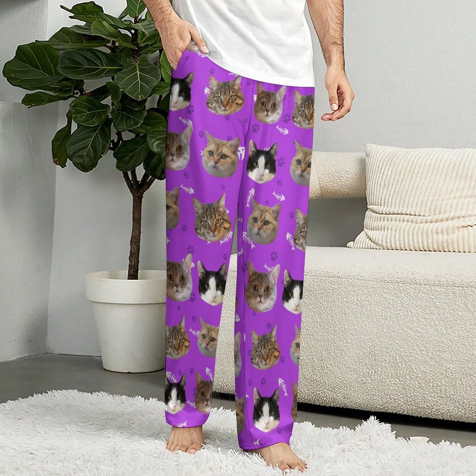 Custom Pet Face Pants Dogs or Cats Face Unisex Pajama Pants-Cat Purple Model2-WEPRINTME