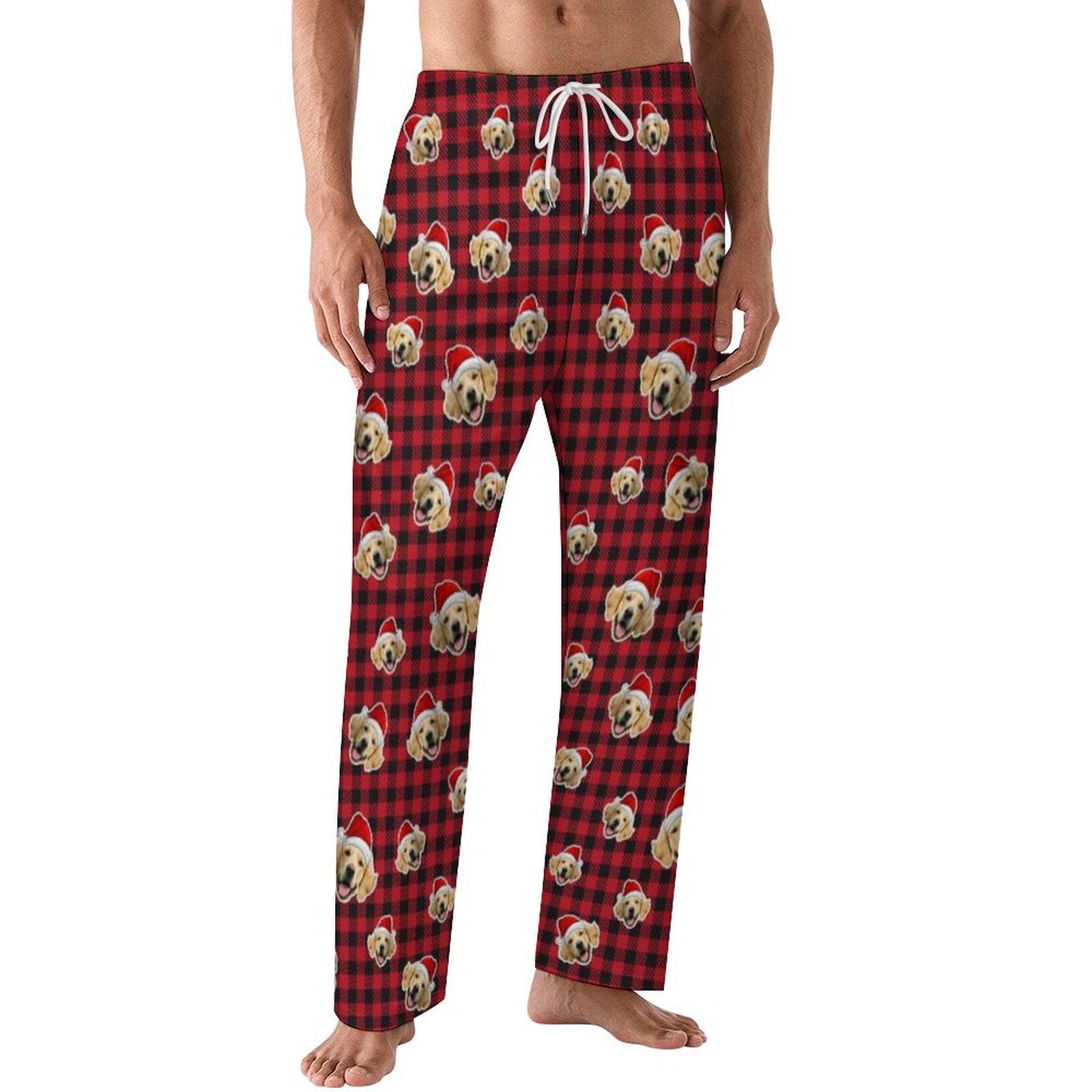 Custom Pet Face Plaid Christmas Pajama Pants-Red Men-WEPRINTME