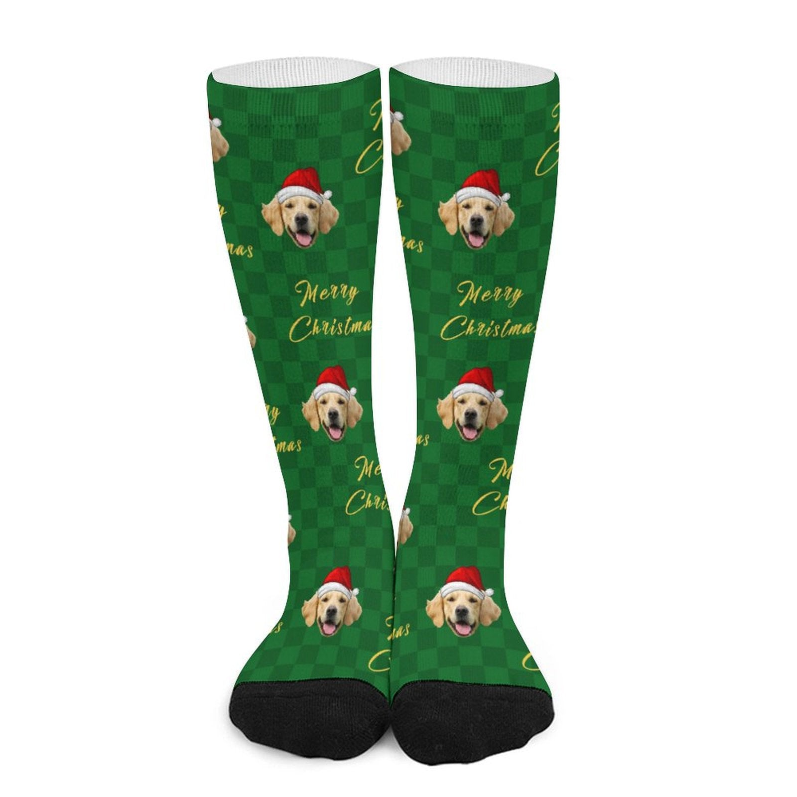 Custom Pet Face Green Plaid Christmas Socks-WEPRINTME-4
