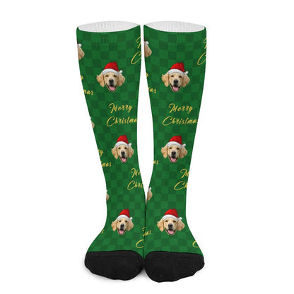 Custom Pet Face Green Plaid Christmas Socks-WEPRINTME-4