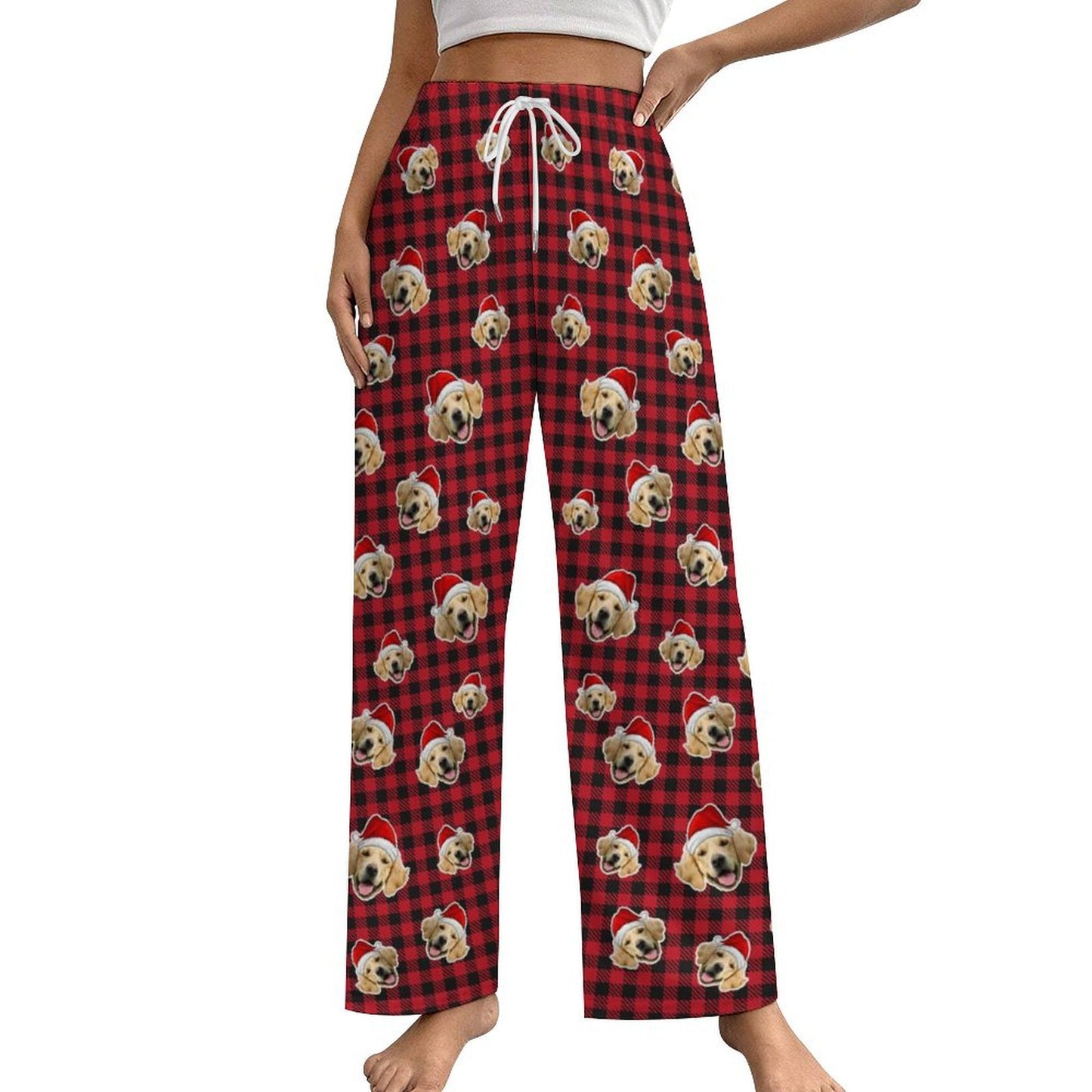 Custom Pet Face Plaid Christmas Pajama Pants-Red Women-WEPRINTME