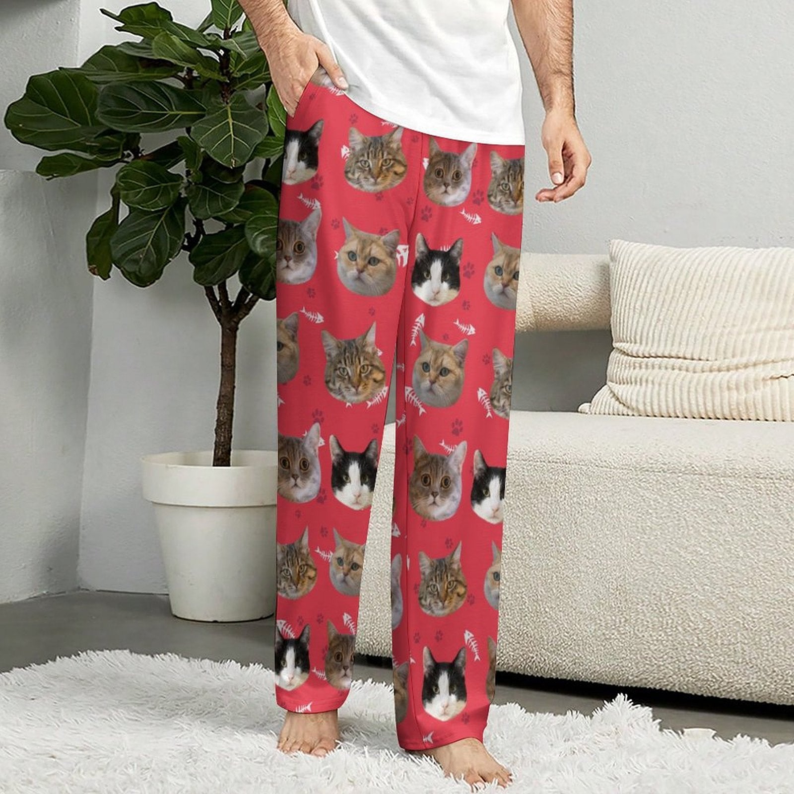Custom Pet Face Pants Dogs or Cats Face Unisex Pajama Pants-Cat Red Model3-WEPRINTME