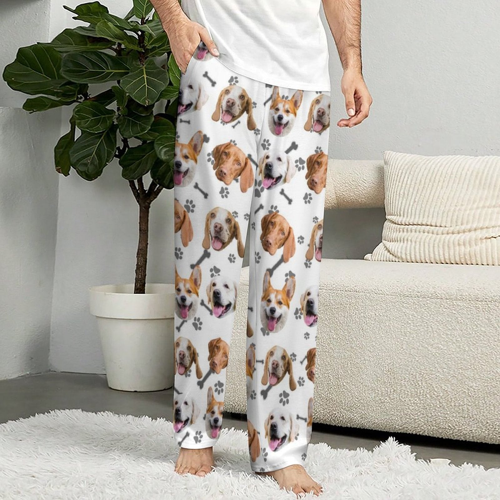 Custom Pet Face Pants Dogs or Cats Face Unisex Pajama Pants-Dog Model White1-WEPRINTME