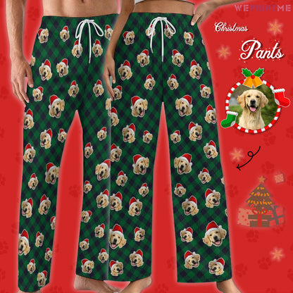 Custom Pet Face Plaid Christmas Pajama Pants-Style1 Green Main-WEPRINTME