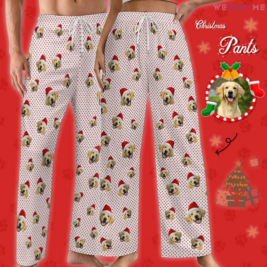 Custom Pet Face Everywhere Red Dots Pajama Pants-Main-WePrintMe