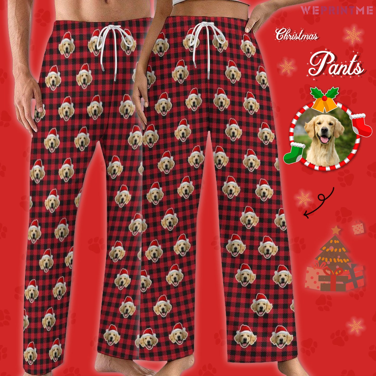 Custom Pet Face Plaid Christmas Pajama Pants-Style2 Red Main-WEPRINTME