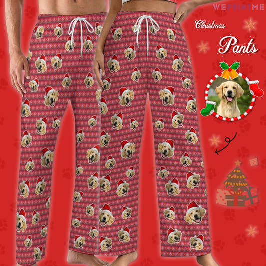 Custom Pet Face Everywhere Red Stripe Pajama Pants-Main-WePrintMe