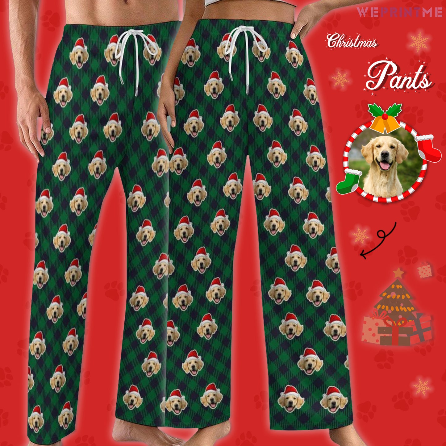 Custom Pet Face Plaid Christmas Pajama Pants-Style2 Green Main-WEPRINTME