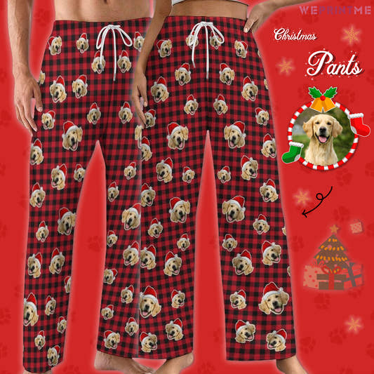 Custom Pet Face Plaid Christmas Pajama Pants-Style1 Red Main-WePrintMe
