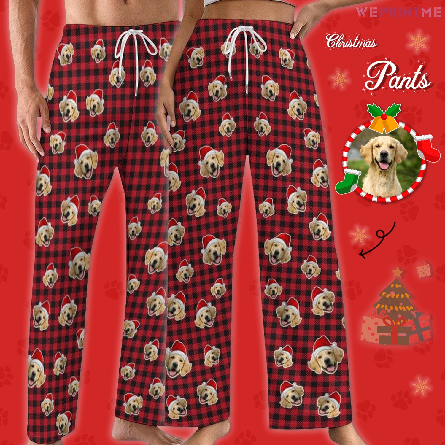 Custom Pet Face Plaid Christmas Pajama Pants-Style1 Red Main-WEPRINTME