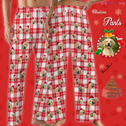 Custom Pet Face Red Plaid Xmas Pajama Pants-Style1 Main-WePrintMe