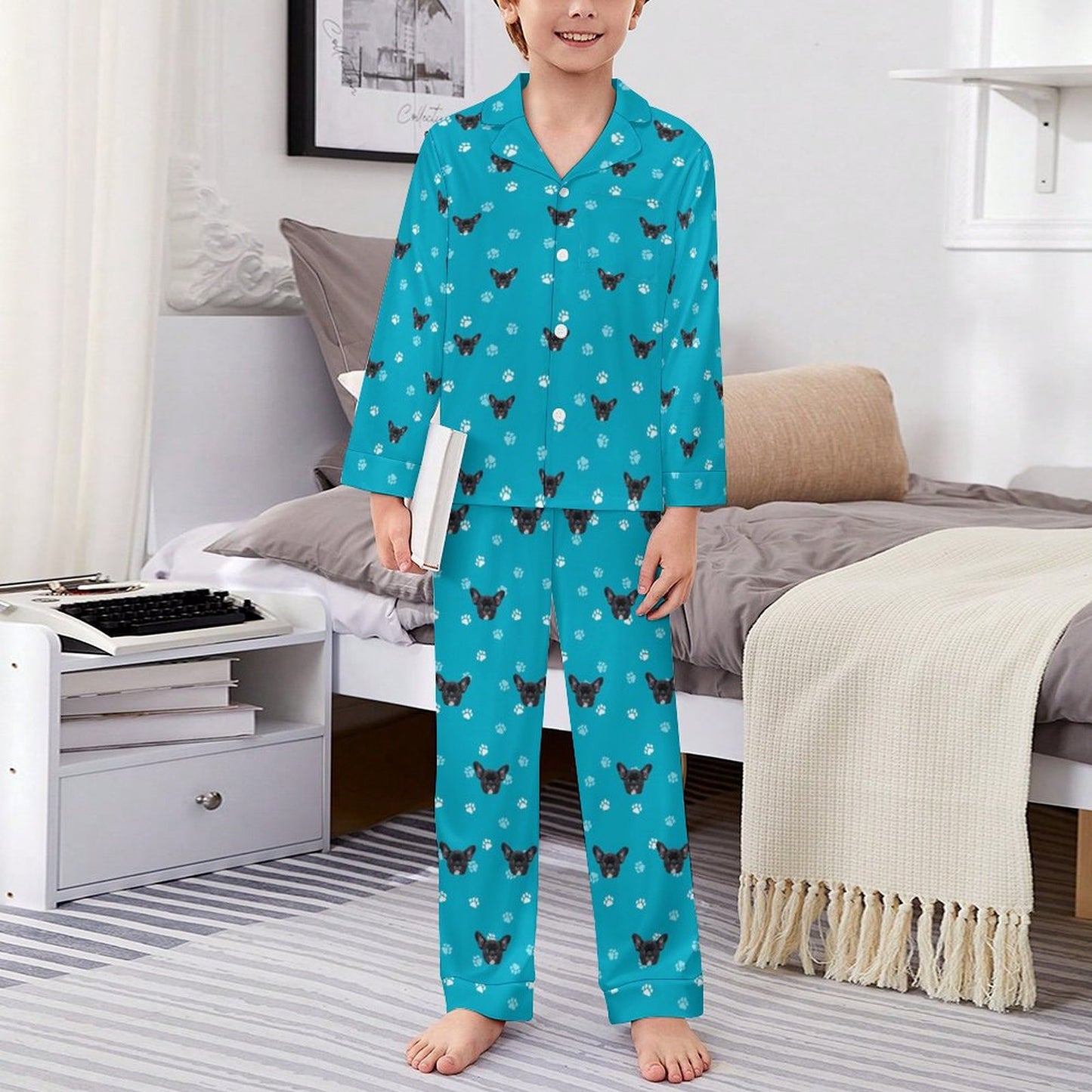 Custom Pet Face Paws V Neck Pajama Set for Kids-Model1-WEPRINTME