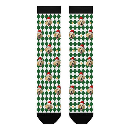 Custom Pet Face Green White Plaid Christmas Socks-WEPRINTME-5