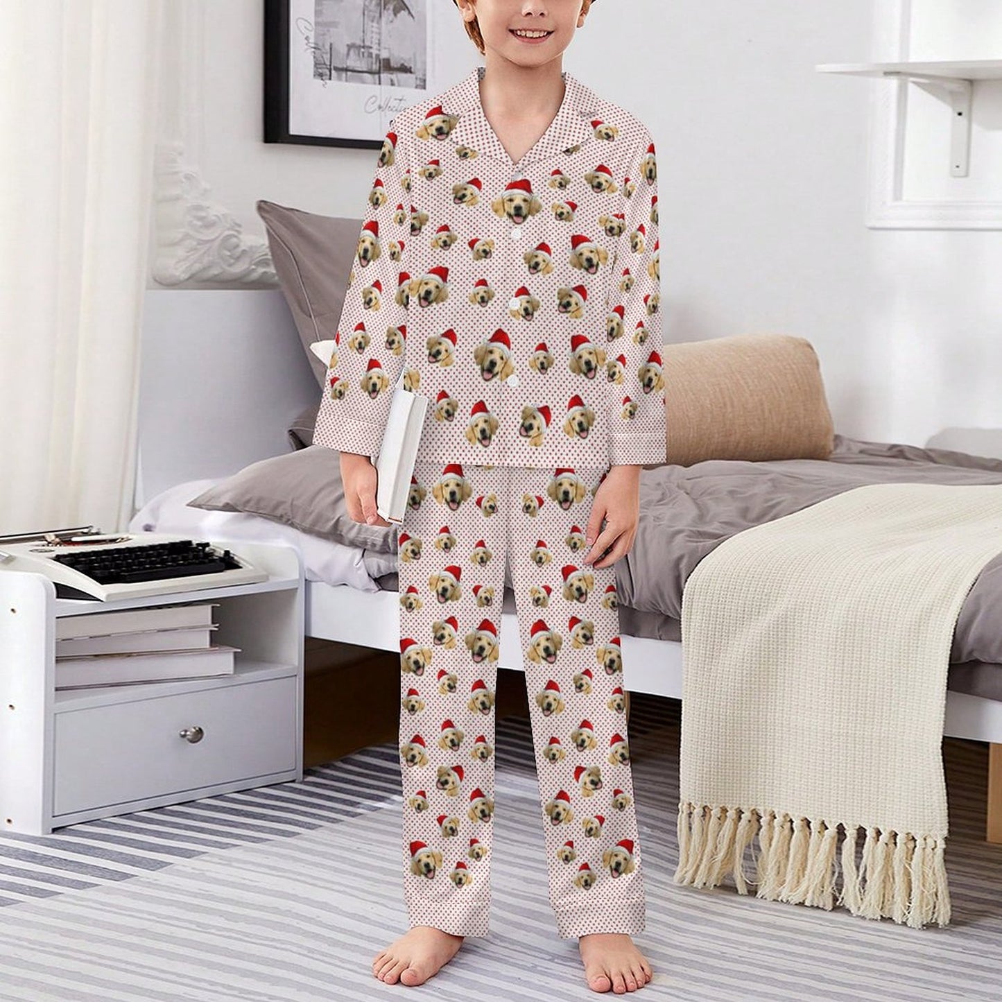 Custom Pet Face Everywhere Christmas Kids Pajamas-Red Dots-Boy-WEPRINTME