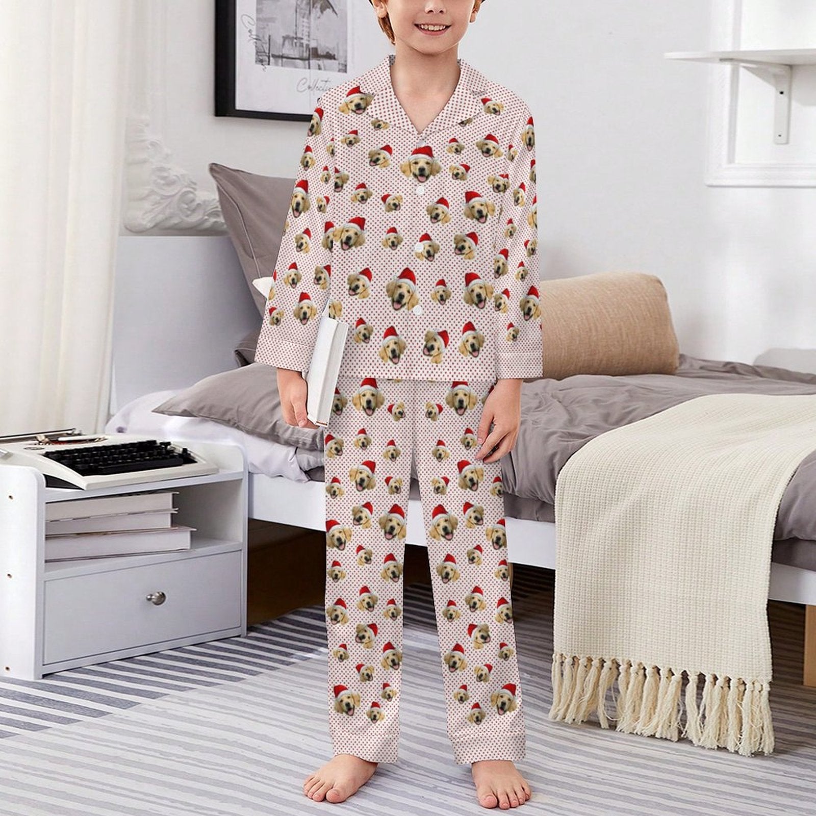 Custom Pet Face Everywhere Christmas Kids Pajamas-Red Dots-Boy-WEPRINTME
