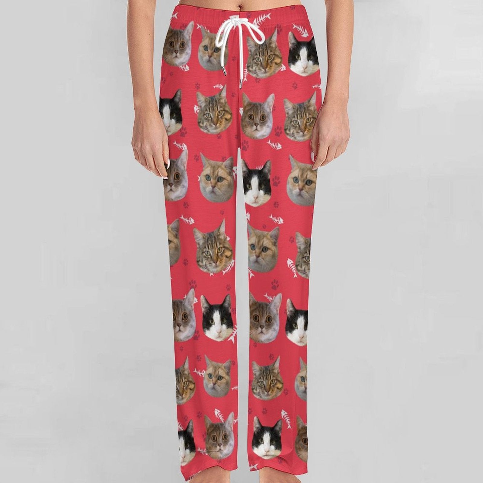 Custom Pet Face Pants Dogs or Cats Face Unisex Pajama Pants-Cat Red Front1-WEPRINTME