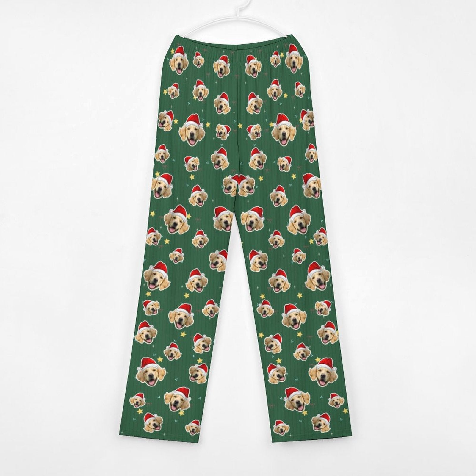 Custom Pet Face Green Stars Santa Pants for Kids-Front2-WEPRINTME
