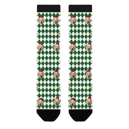 Custom Pet Face Green White Plaid Christmas Socks-WEPRINTME-6