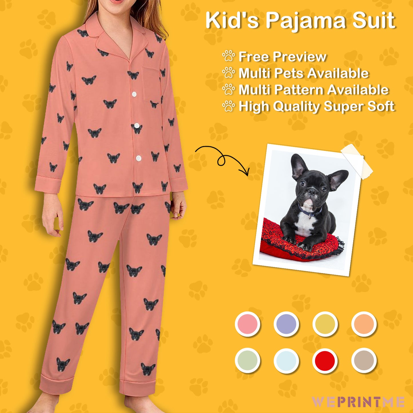 Custom Pet Face Paws V Neck Pajama Set for Kids-Main2-WEPRINTME