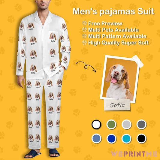 Custom Pet Face and Name Men's Cotton Long Pajama Set personalized product image