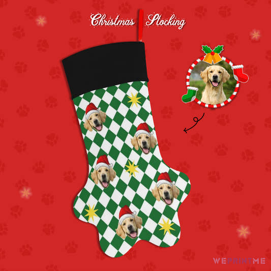 Personalized Pet Face Green Plaid Paw Christmas Stockings-WePrintMe-1