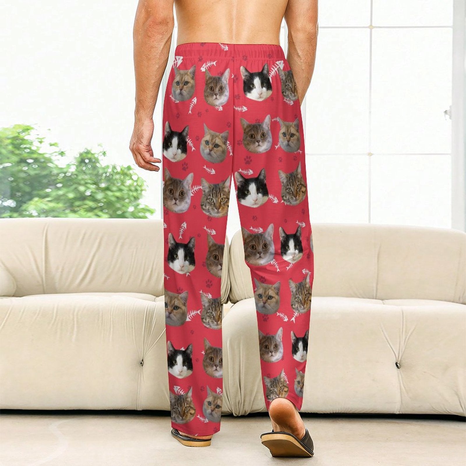 Custom Pet Face Pants Dogs or Cats Face Unisex Pajama Pants-Cat Red Model2-WEPRINTME