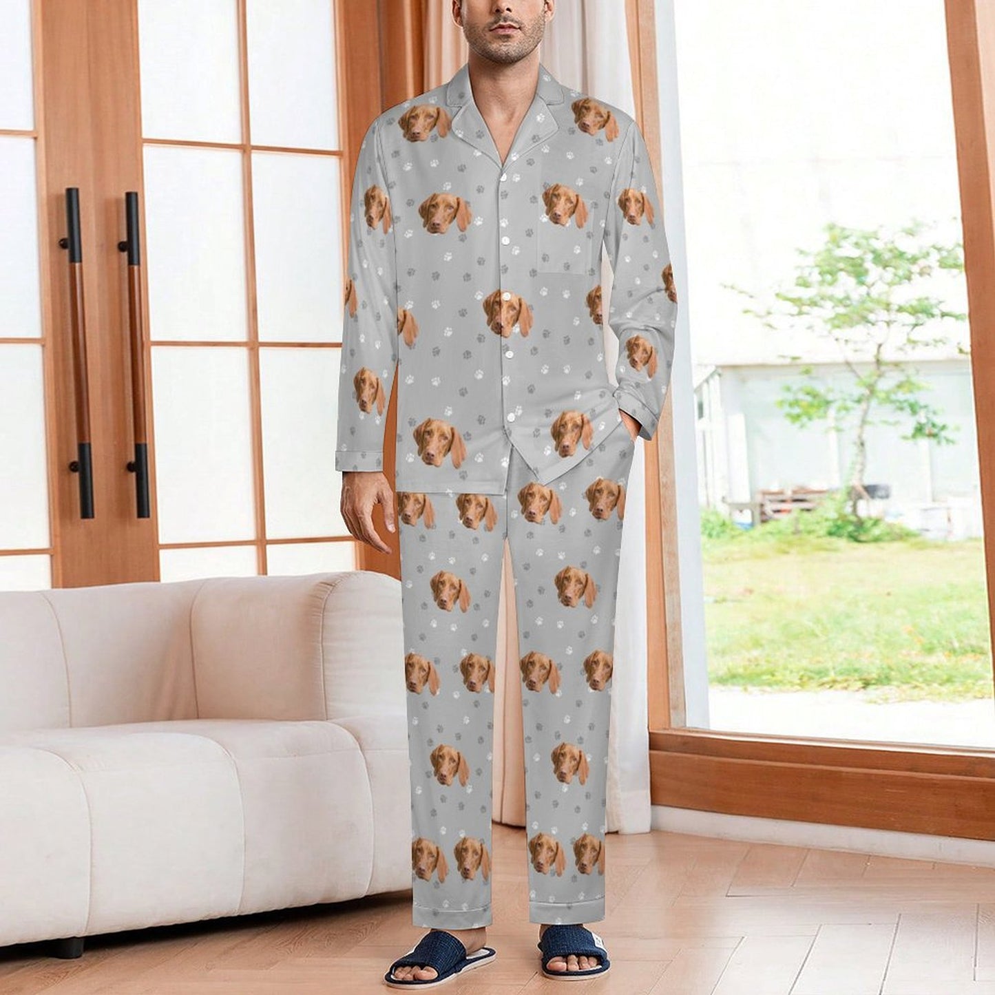 Custom Pet Face Paws V Neck Pajama Set for Men-12-WEPRINTME