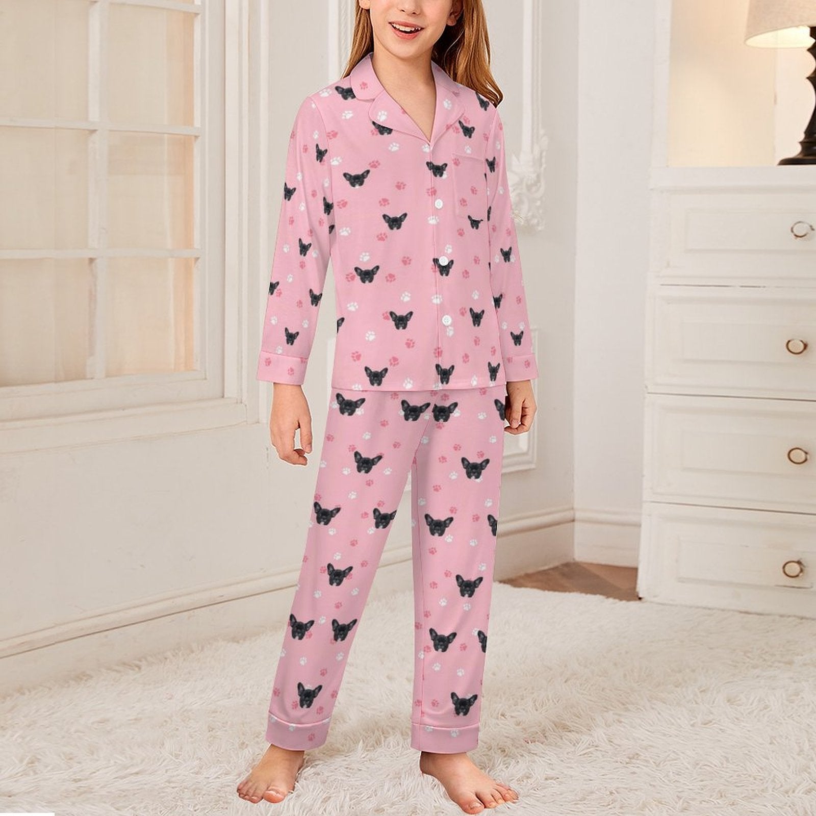 Custom Pet Face Paws V Neck Pajama Set for Kids-Model-WEPRINTME