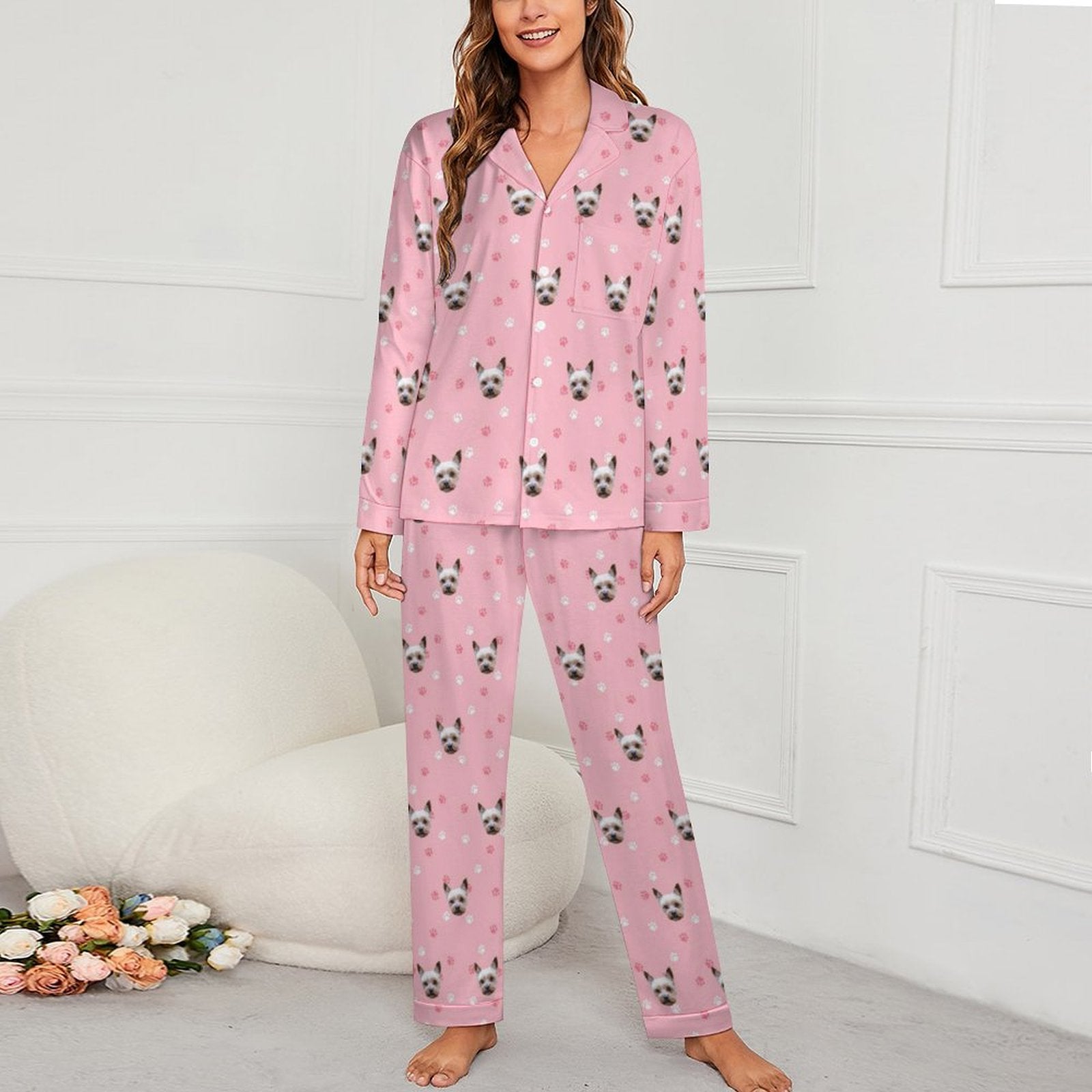 Custom Pet Face Paws V Neck Pajama Set for Women-2-WEPRINTME