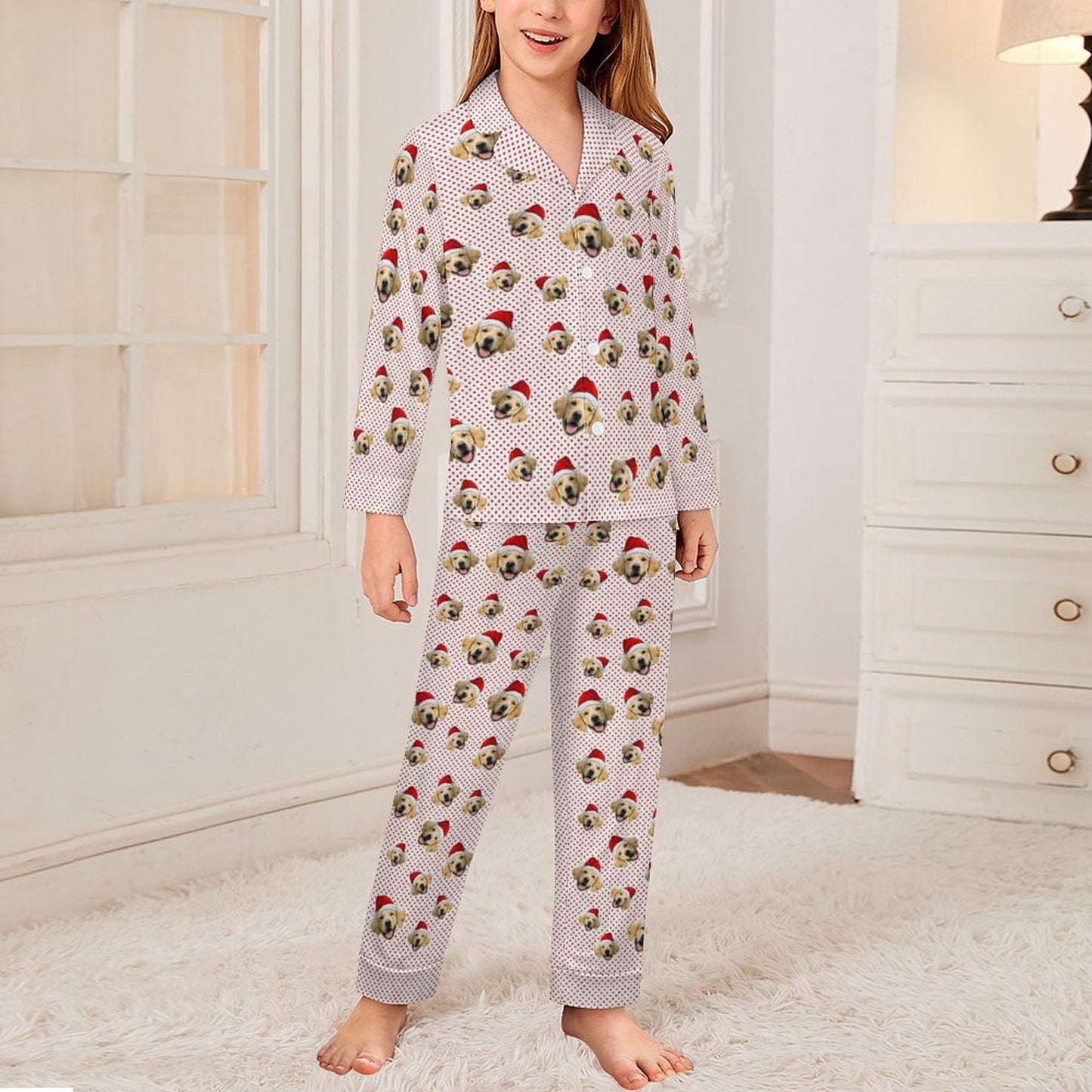 Custom Pet Face Everywhere Christmas Kids Pajamas-Red Dots-Girl-WEPRINTME