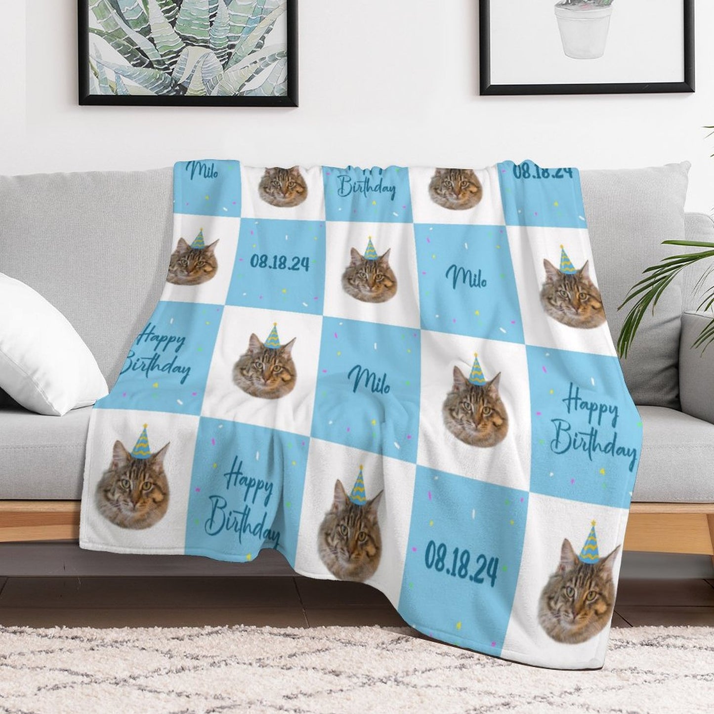 Custom Pet Face Grid Birthday Fleece Blanket