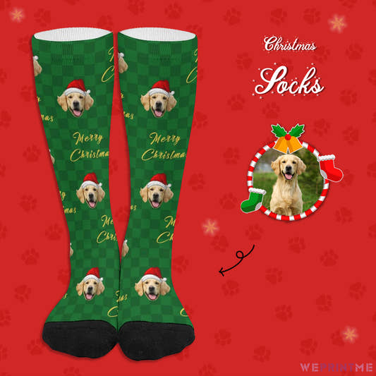 Custom Pet Face Green Plaid Christmas Socks-WePrintMe-1