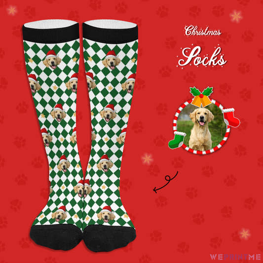 Custom Pet Face Green White Plaid Christmas Socks-WePrintMe-1