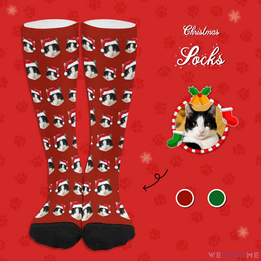 Custom Pet Face Christmas Socks-Red-WePrintMe-1
