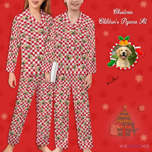 Custom Pet Face Everywhere Christmas Kids Pajamas-Light Plaid-WePrintMe